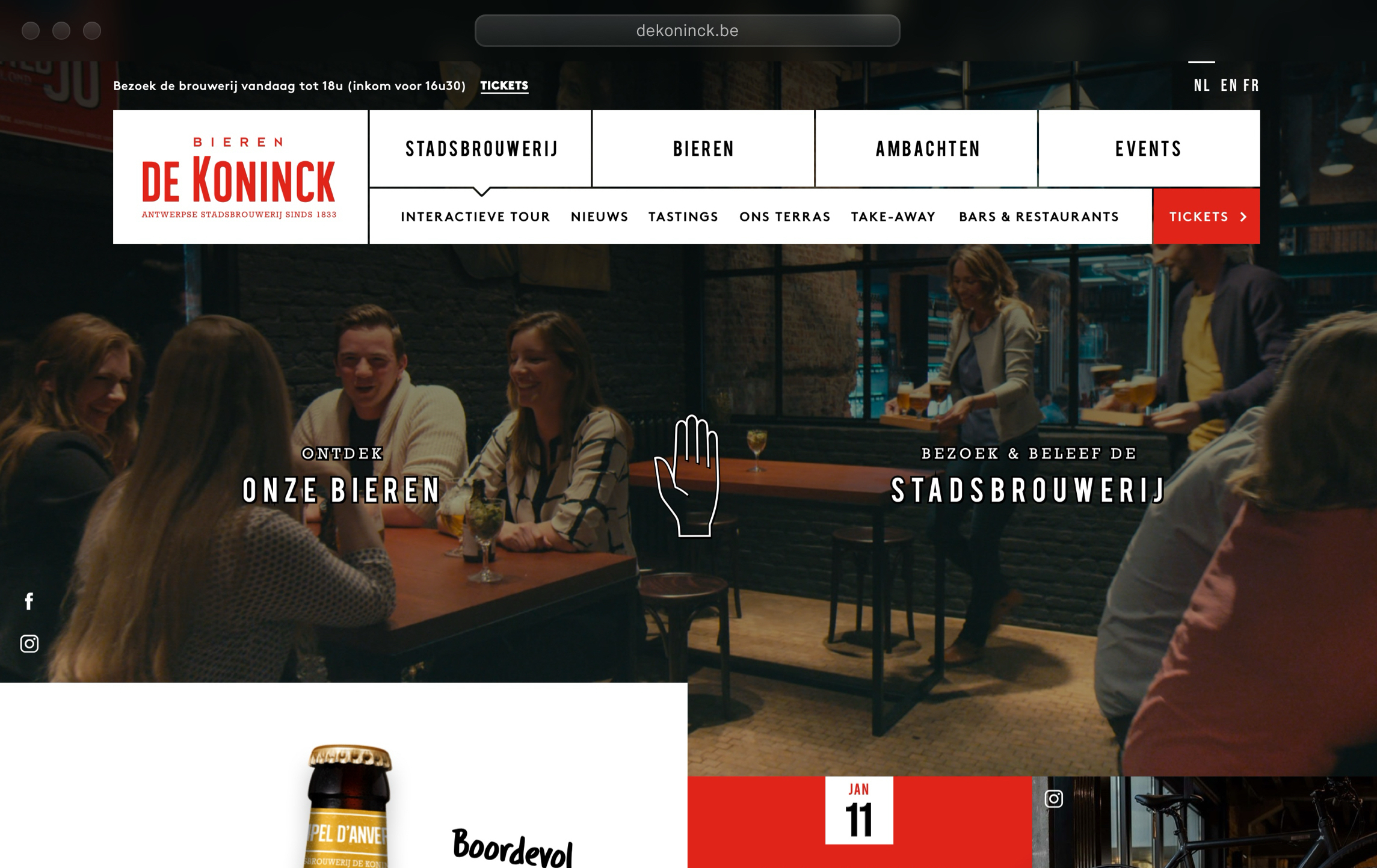 Screenshot van de website van stadsbrouwerij De Koninck